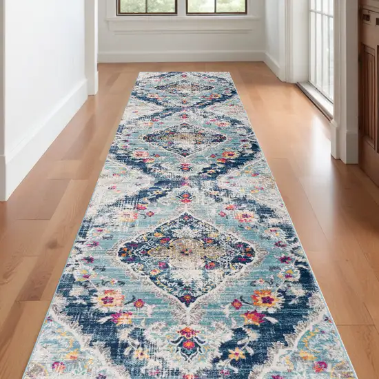 Blue and Ivory Medallion Runner Rug Photo 1