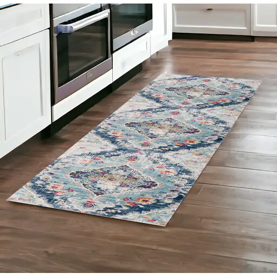 8' Blue Oriental Dhurrie Runner Rug Photo 1