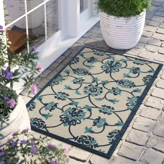 Blue Floral Non Skid Indoor Outdoor Area Rug Photo 8