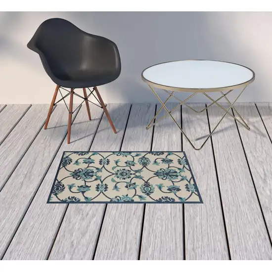 Blue Floral Non Skid Indoor Outdoor Area Rug Photo 3