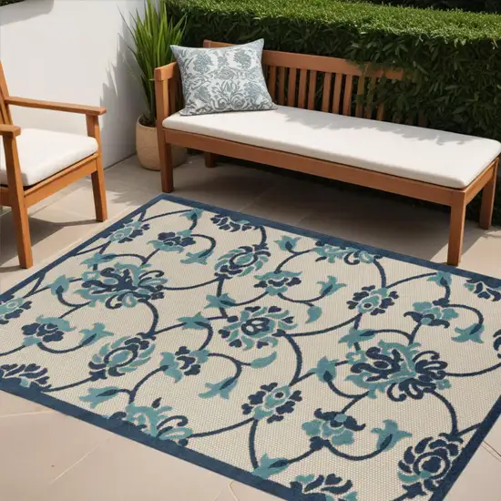 Blue Floral Non Skid Indoor Outdoor Area Rug Photo 1