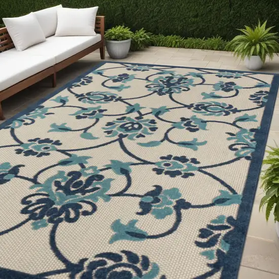 Blue Floral Non Skid Indoor Outdoor Area Rug Photo 1