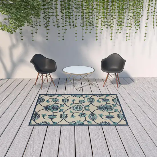 Blue Floral Non Skid Indoor Outdoor Area Rug Photo 3