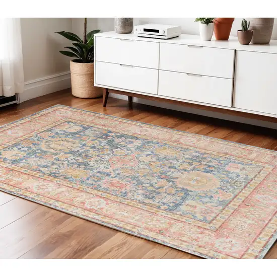 Blue Gold and Orange Floral Power Loom Area Rug Photo 1