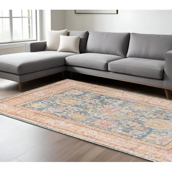 Blue Gold and Orange Floral Power Loom Area Rug Photo 1