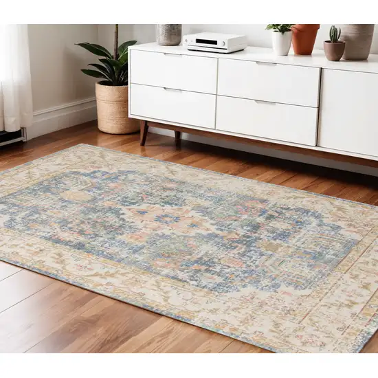 Blue Gold and Orange Floral Power Loom Area Rug Photo 1