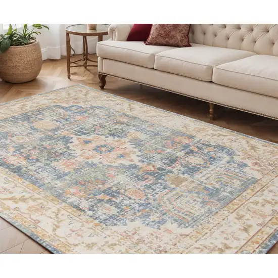 Blue Gold and Orange Floral Power Loom Area Rug Photo 1