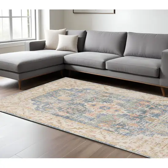 Blue Gold and Orange Floral Power Loom Area Rug Photo 1