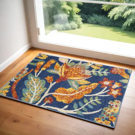 Blue Floral Power Loom Area Rug Photo 1