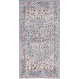 Photo of Blue Floral Power Loom Distressed Area Rug