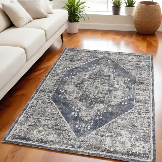 Blue Floral Power Loom Distressed Area Rug Photo 1