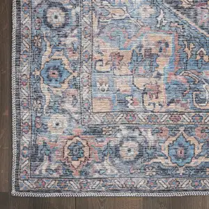 Photo of Blue Floral Power Loom Distressed Washable Area Rug