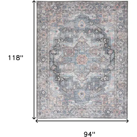 Blue Floral Power Loom Distressed Washable Area Rug Photo 7