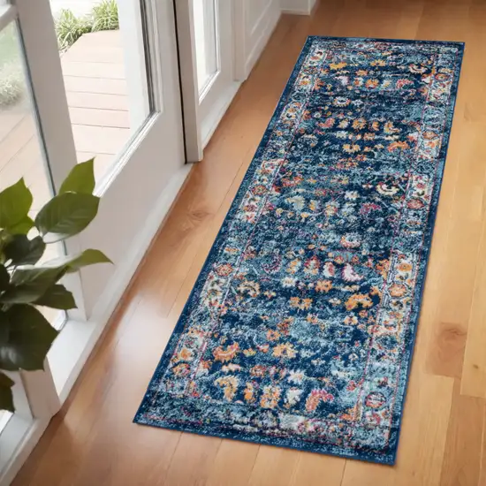 6' Blue Rust and Orange Floral Power Loom Runner Rug Photo 1