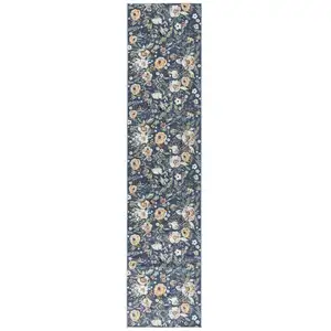 Photo of Blue Floral Power Loom Washable Non Skid Runner Rug