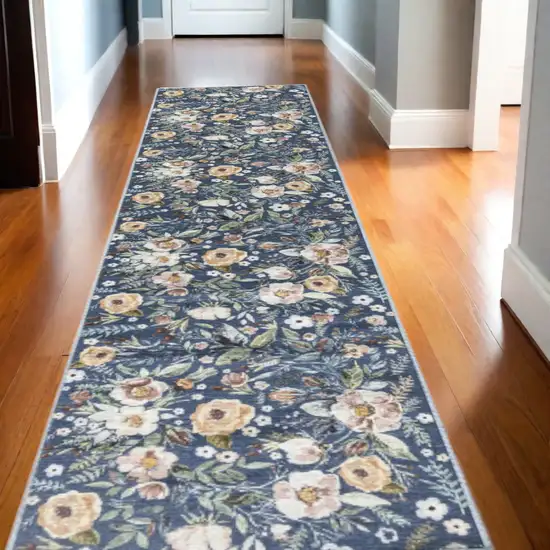 Blue Floral Power Loom Washable Non Skid Runner Rug Photo 2