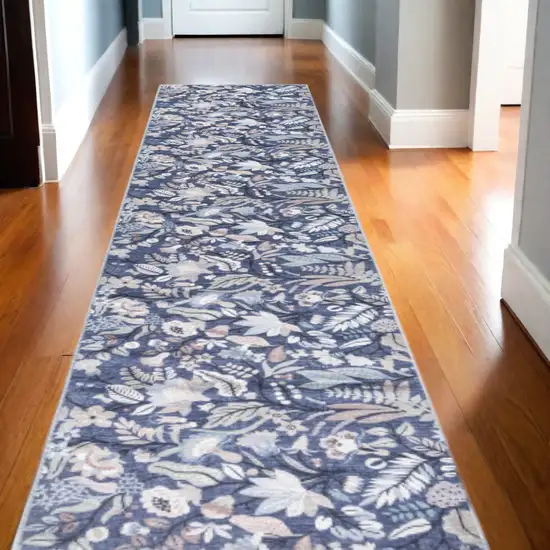 Blue Floral Power Loom Washable Non Skid Runner Rug Photo 2