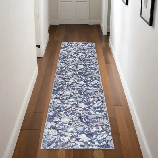 Blue Floral Power Loom Washable Non Skid Runner Rug Photo 2