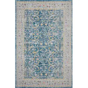 Photo of Blue Floral Stain Resistant Indoor Outdoor Area Rug