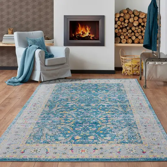 Blue Floral Stain Resistant Indoor Outdoor Area Rug Photo 6