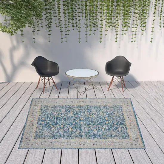 Blue Floral Stain Resistant Indoor Outdoor Area Rug Photo 2