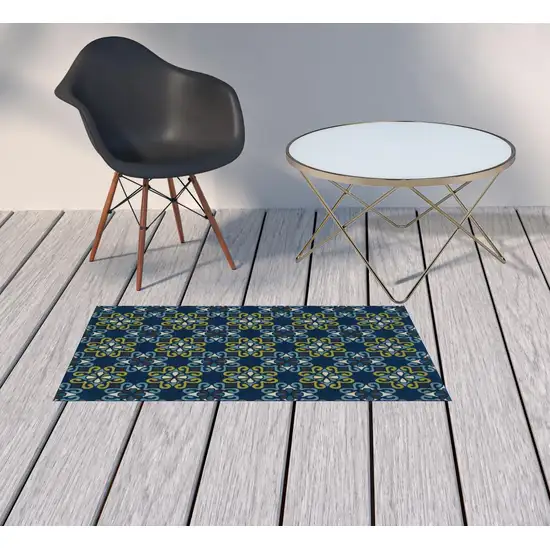 Blue Floral Stain Resistant Indoor Outdoor Area Rug Photo 2