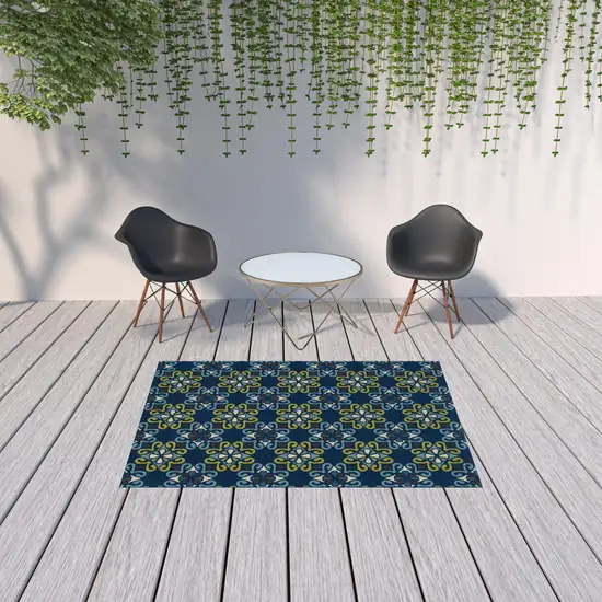 Blue Floral Stain Resistant Indoor Outdoor Area Rug Photo 2