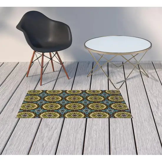 Blue Floral Stain Resistant Indoor Outdoor Area Rug Photo 2