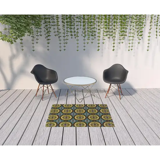 Blue Floral Stain Resistant Indoor Outdoor Area Rug Photo 2