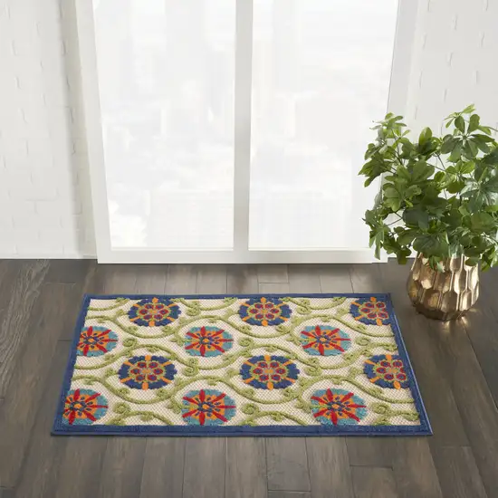 Ivory And Blue Floral Indoor Outdoor Area Rug Photo 6