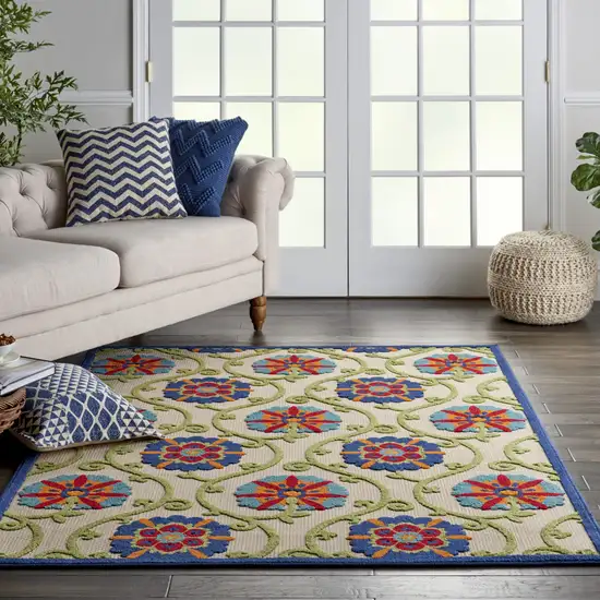 Ivory And Blue Floral Indoor Outdoor Area Rug Photo 8