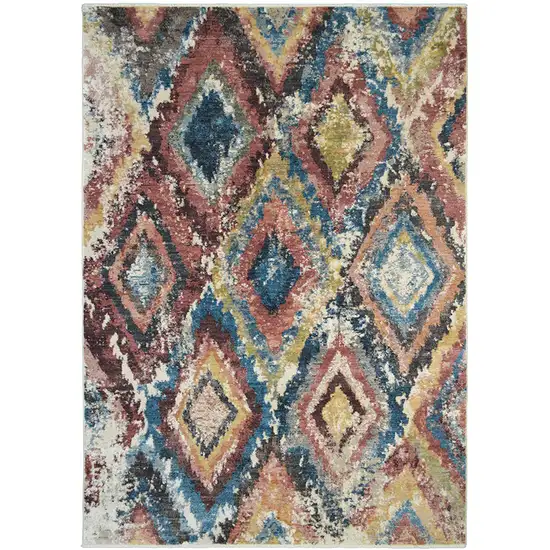 Blue Geometric Distressed Area Rug With Fringe Photo 2