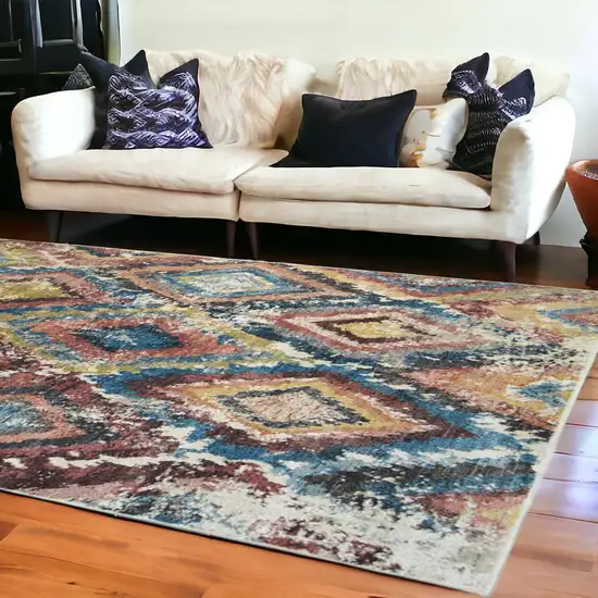 Blue Geometric Distressed Area Rug With Fringe Photo 1