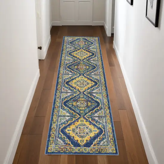 Blue Geometric Power Loom Runner Rug Photo 1