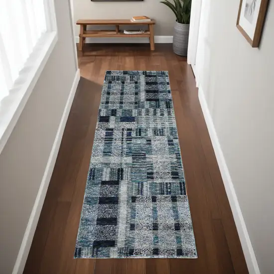 Blue Geometric Power Loom Runner Rug Photo 1