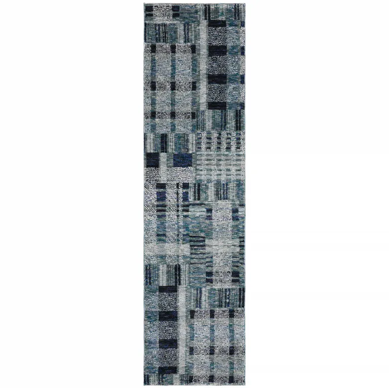 Blue Geometric Power Loom Stain Resistant Runner Rug Photo 1