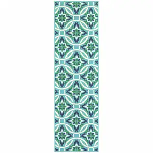 Photo of Blue Geometric Stain Resistant Indoor Outdoor Area Rug