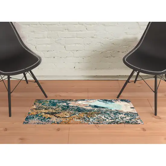 Blue Gold And Grey Abstract Power Loom Stain Resistant Area Rug Photo 2