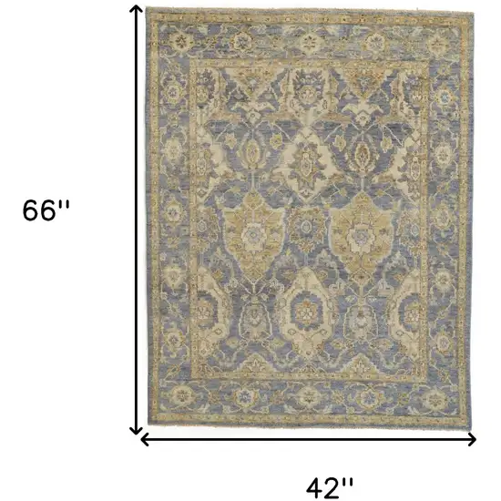 Blue and Gold Wool Floral Hand Knotted Area Rug With Fringe Photo 3