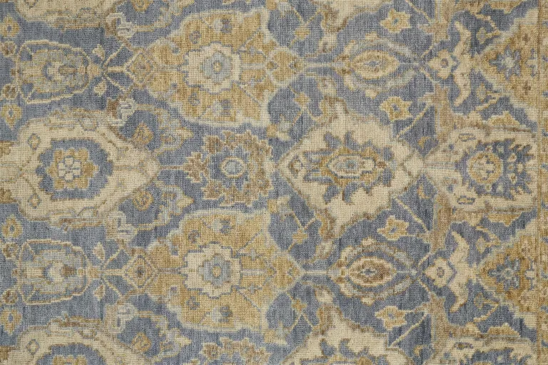 Blue Gold And Tan Wool Floral Hand Knotted Stain Resistant Area Rug With Fringe Photo 3