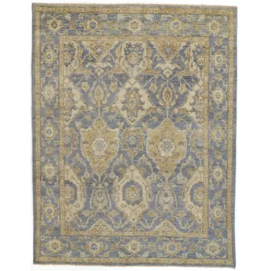 Blue and Gold Wool Floral Hand Knotted Area Rug With Fringe Photo 2