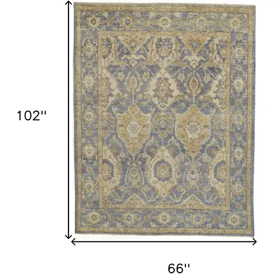 Blue Gold And Tan Wool Floral Hand Knotted Stain Resistant Area Rug With Fringe Photo 8