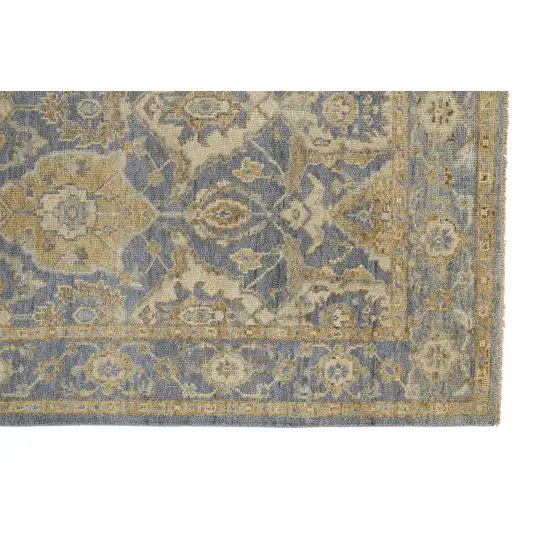 Blue Gold And Tan Wool Floral Hand Knotted Stain Resistant Area Rug With Fringe Photo 3