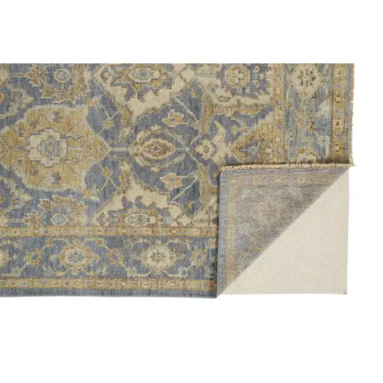 Blue Gold And Tan Wool Floral Hand Knotted Stain Resistant Area Rug With Fringe Photo 2