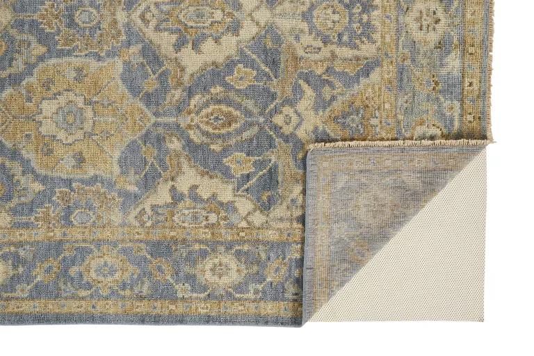 Blue Gold And Tan Wool Floral Hand Knotted Stain Resistant Area Rug With Fringe Photo 2