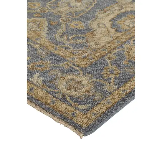 Blue Gold And Tan Wool Floral Hand Knotted Stain Resistant Area Rug With Fringe Photo 5