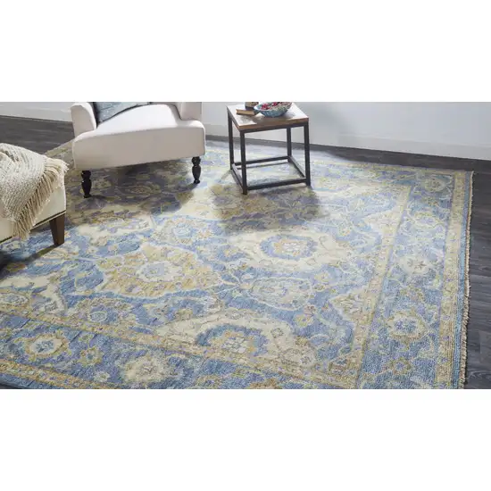 Blue Gold And Tan Wool Floral Hand Knotted Stain Resistant Area Rug With Fringe Photo 6