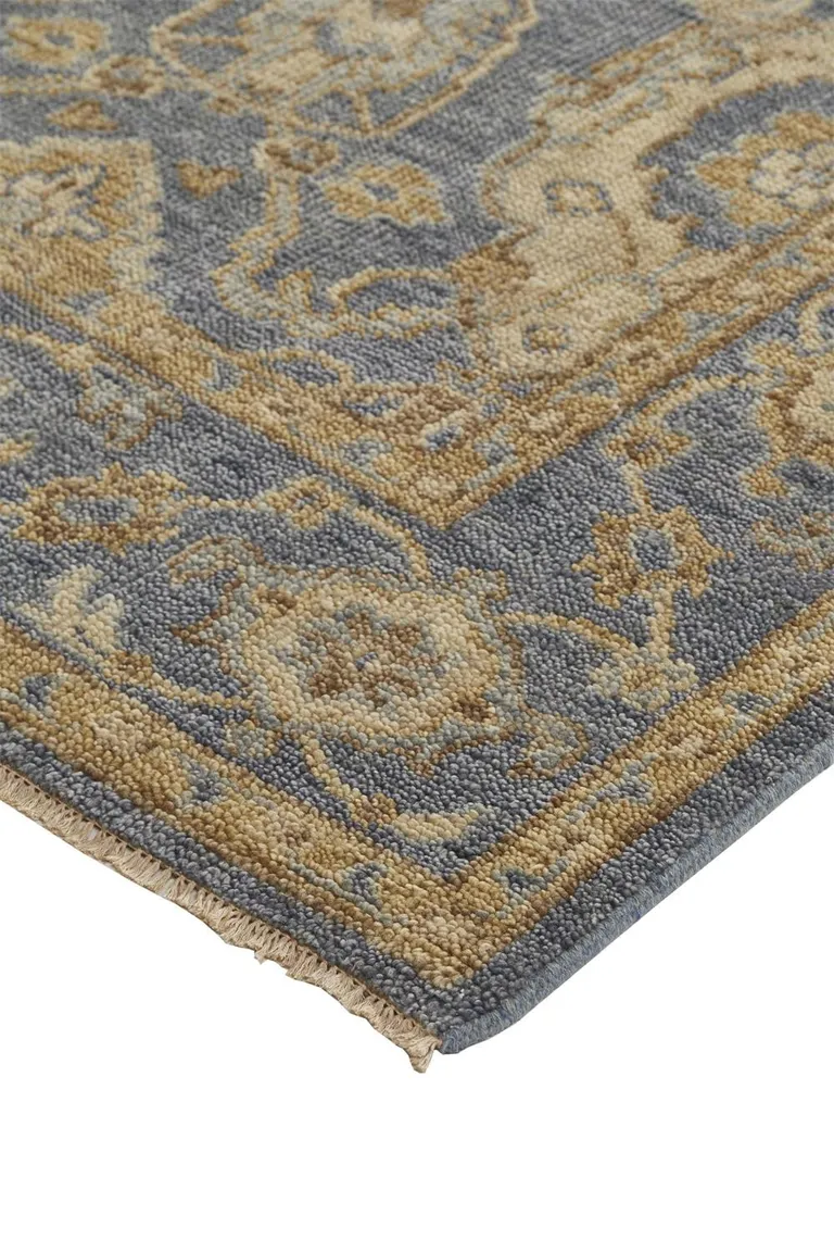 Blue Gold And Tan Wool Floral Hand Knotted Stain Resistant Area Rug With Fringe Photo 5