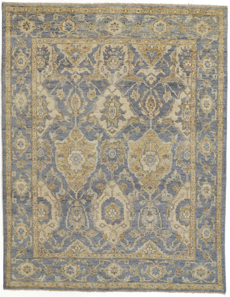 Blue Gold And Tan Wool Floral Hand Knotted Stain Resistant Area Rug With Fringe Photo 1