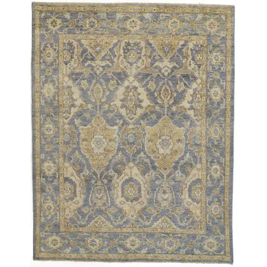 Blue Gold And Tan Wool Floral Hand Knotted Stain Resistant Area Rug With Fringe Photo 1